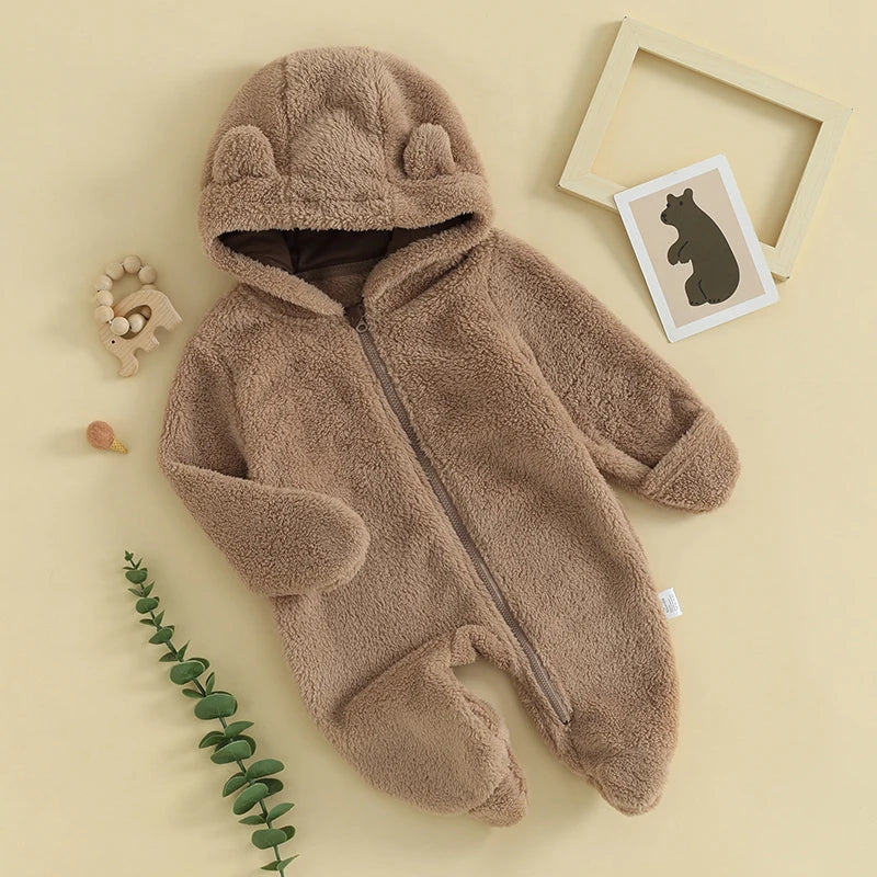 Infant Hooded Winter Romper – Long Sleeve Zipper Jumpsuit for Babies (0–12 Months)