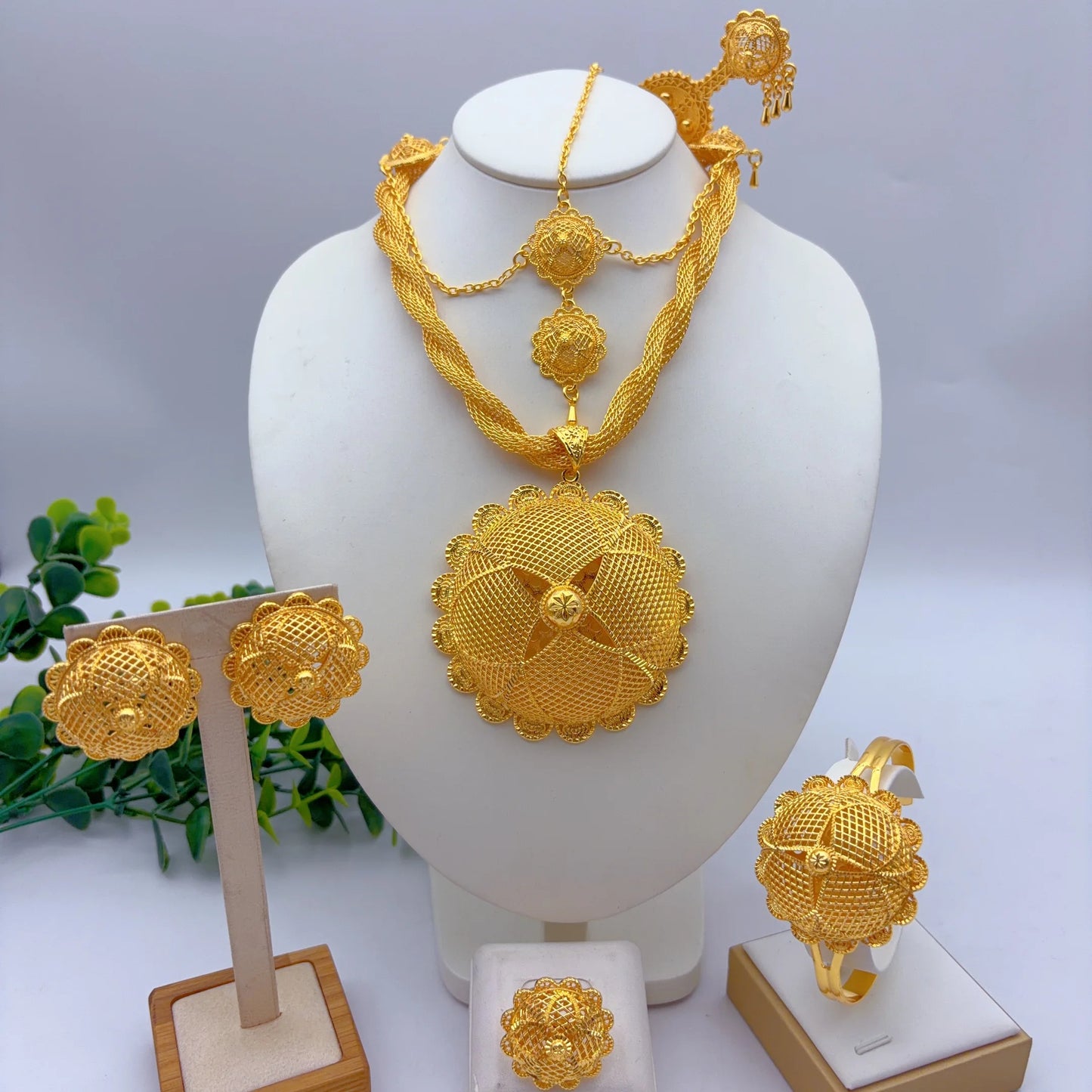 African Ethiopian Eritrean Habesha Dubai 24K Gold-Plated Flower Pendant 6-Piece Jewelry Set