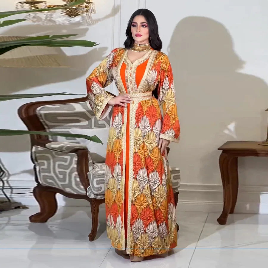 Long-Sleeved Jalabiya Set with Rhinestone Details and Woven Ribbon