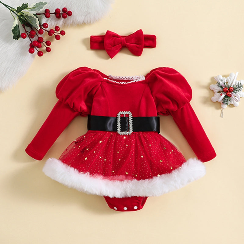 Baby Girl Holiday Outfit – Long Sleeve Romper Dress with Stars & Moon Skirt and Matching Headband