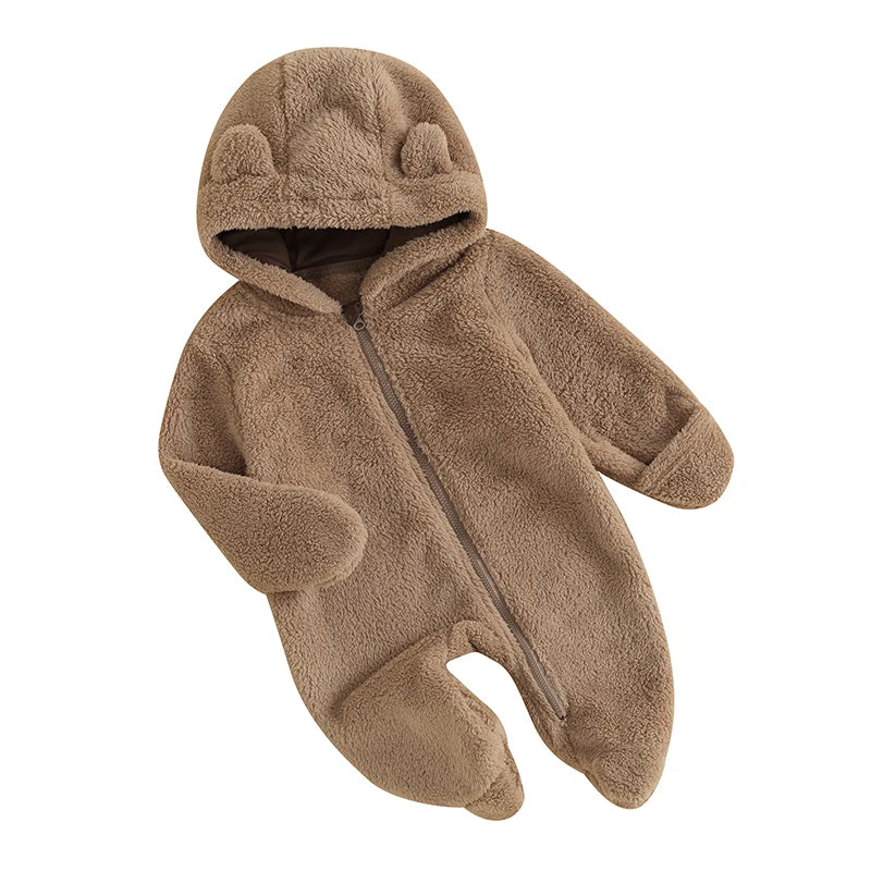 Infant Hooded Winter Romper – Long Sleeve Zipper Jumpsuit for Babies (0–12 Months)