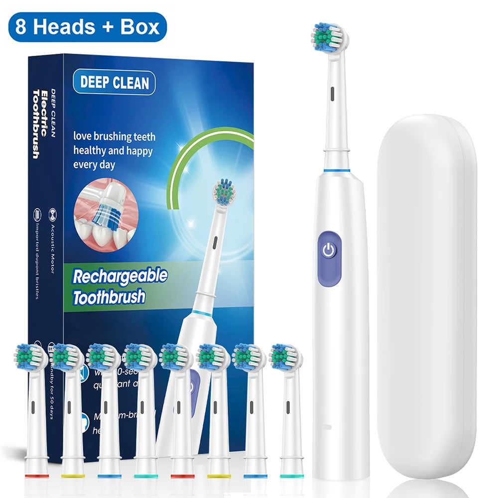 Rechargeable Rotating Electric Toothbrush for Adults, Deep Cleaning, 8 Soft Replacement Brush Heads Included