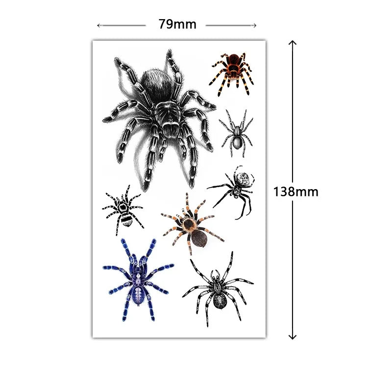 Spider Temporary Tattoo Stickers with Realistic Arachnid Designs for Halloween Costumes, Gothic Party Looks and Festival Body Art
