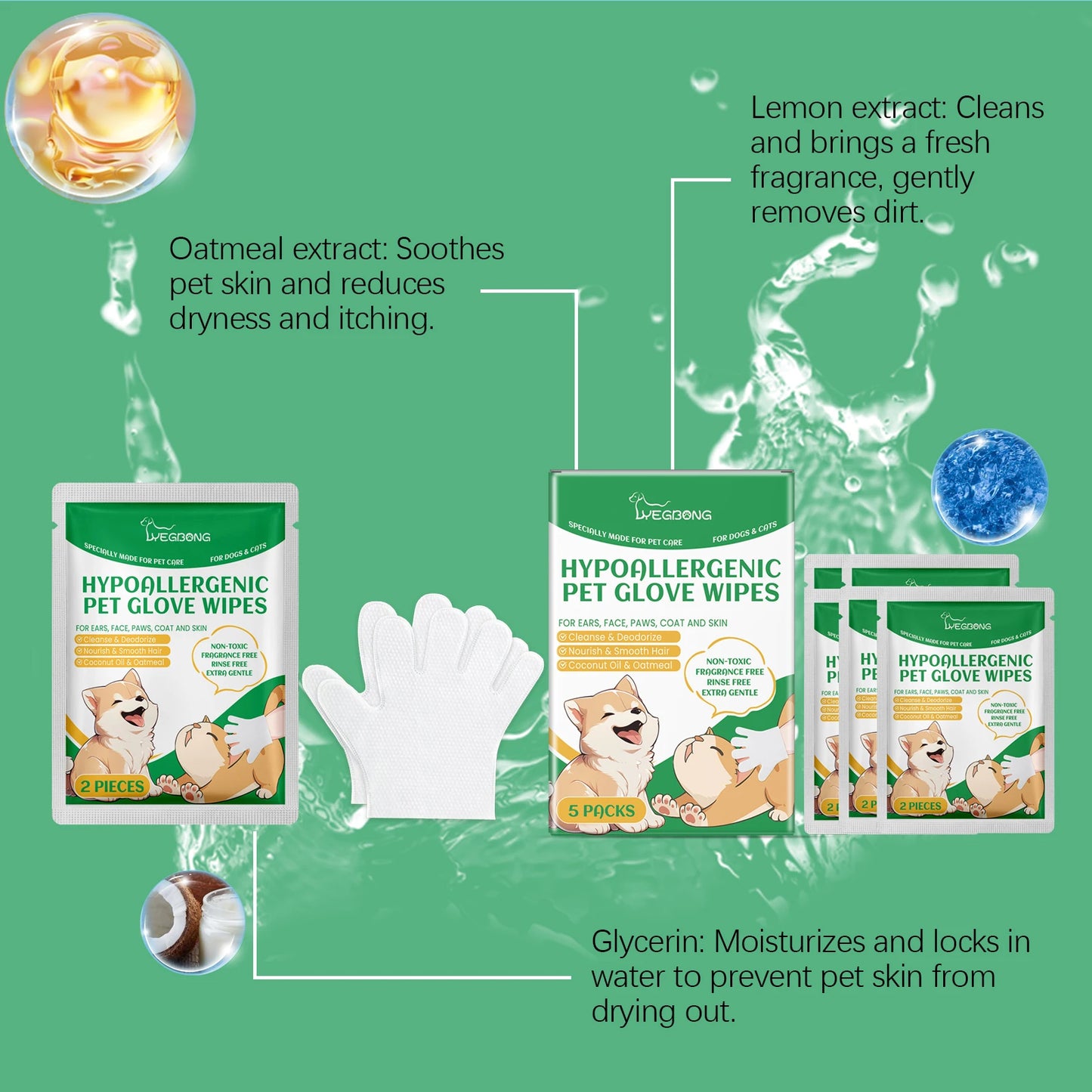 No-Rinse Pet Cleaning Gloves – Dogs & Cats, Coconut Oil & Glycerin, Disposable Wipes