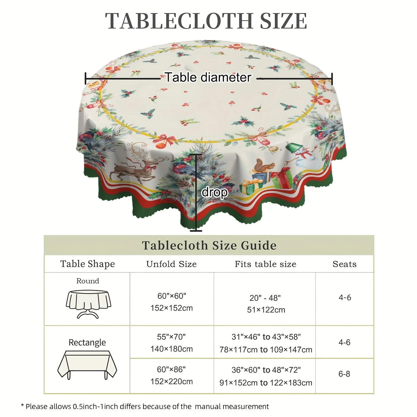 Waterproof & Oil-Proof Christmas Tablecloth – Elegant Round or Rectangular Holiday Decoration for Dining Tables