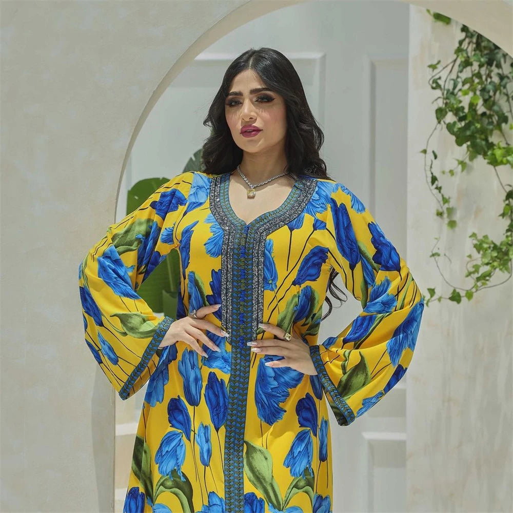 Elegant Ethnic Print Abaya Maxi Dress for Women – Muslim Jalabiya Modest Kaftan for Spring & Autumn