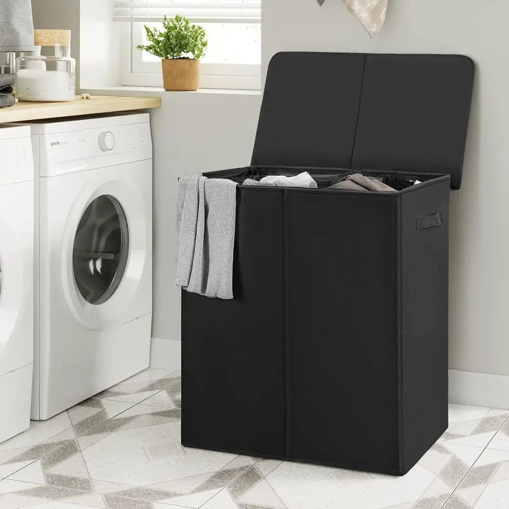 Double Laundry Hamper with Lid and 2 Removable Bags, Collapsible Divided Laundry Basket