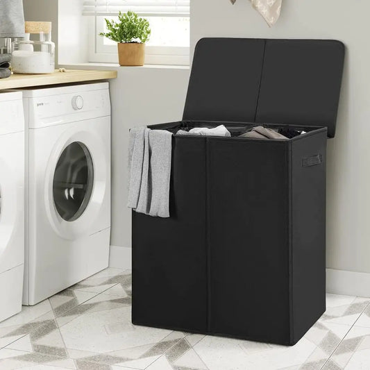 Double Laundry Hamper with Lid and 2 Removable Bags, Collapsible Divided Laundry Basket