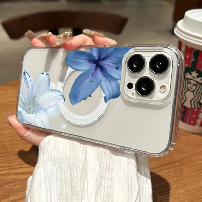 Elegant Blue Lily Pattern Silicone Phone Case