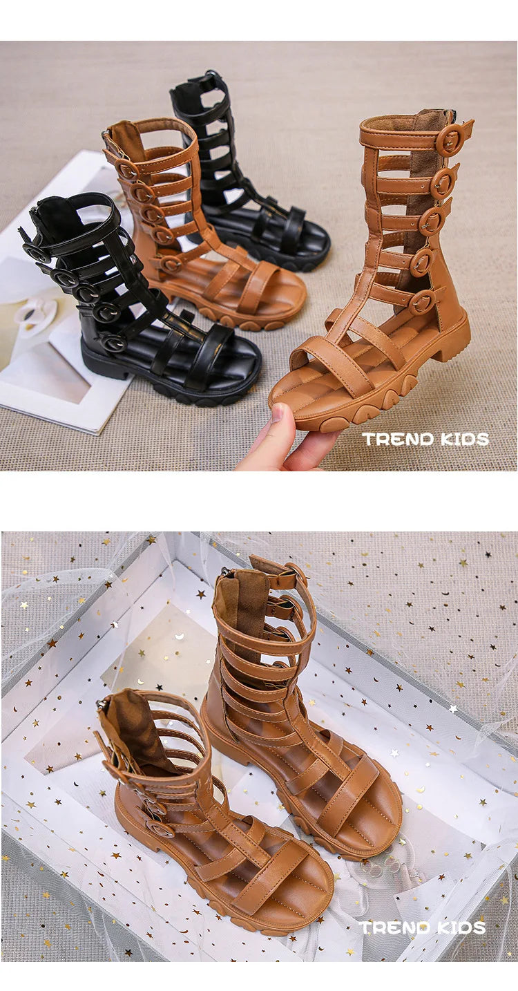 Girls' High-Top Roman Sandals – Soft Sole Summer Shoes for Children | Cut-Out Design, Buckle & Zipper | Princess Beach Sandals