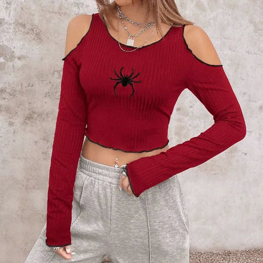 Y2K Off-Shoulder Spider Lace Top – Women’s Slim Fit Long Sleeve Tee | Gothic Autumn Streetwear
