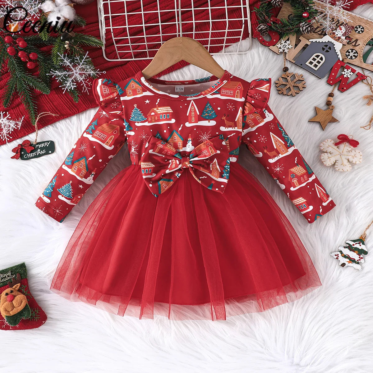 Baby Girl New Year Dress – Green Christmas Tree Print Outfit, “My First New Year” Costume for Newborns & Toddlers