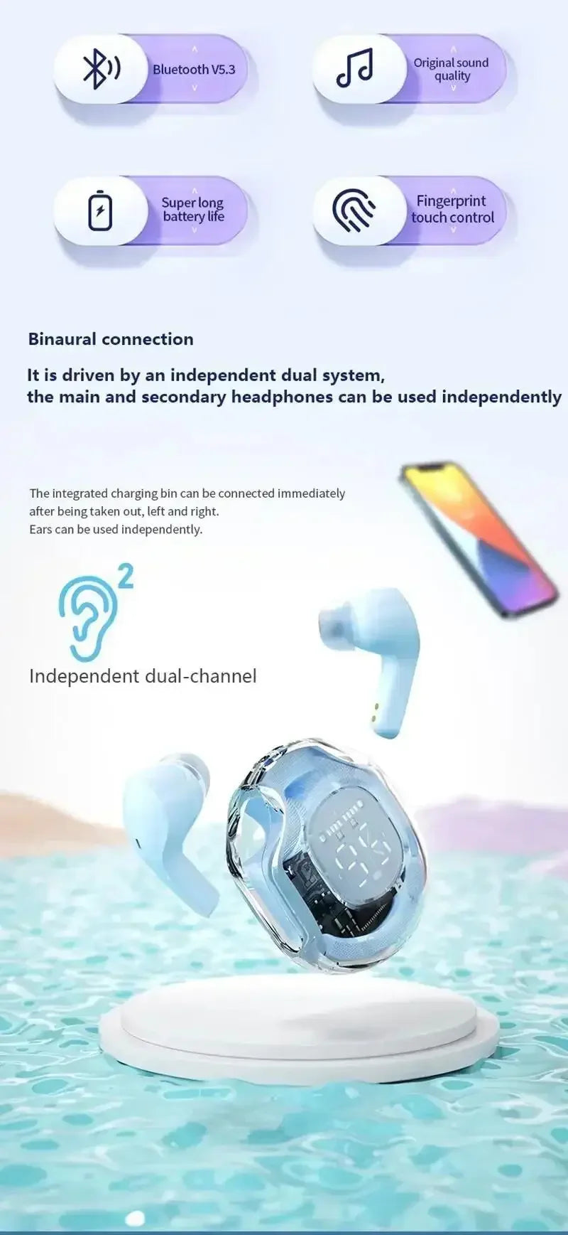Original T8 TWS Wireless Bluetooth Earbuds with Transparent Case, ENC Noise Reduction, Digital Display & Stereo Sound – Compatible with All Smartphones