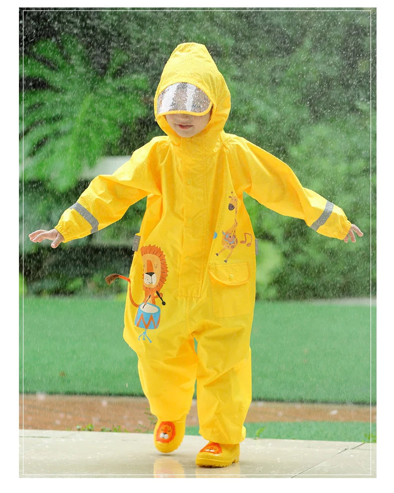 Children's Waterproof Rainwear Set – One-Piece Hooded Jumpsuit for Boys & Girls | Cartoon Dinosaur Design