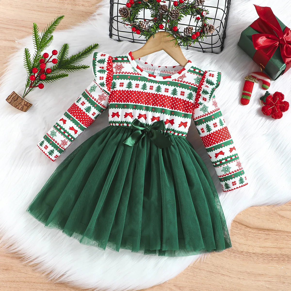 Baby Girl New Year Dress – Green Christmas Tree Print Outfit, “My First New Year” Costume for Newborns & Toddlers