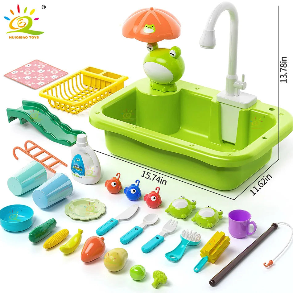 Kids Electric Dishwasher Toy with Kitchen Sink, Pretend Play Dish Washing Set, Educational Role Play Kitchen Toy for Children