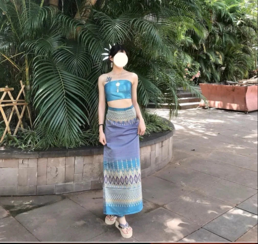 Women’s Thai Traditional Clothing Set (2-Piece) – Dai Minority Ethnic Dress, Retro National Costume for Dance, Cultural Events & Photoshoots