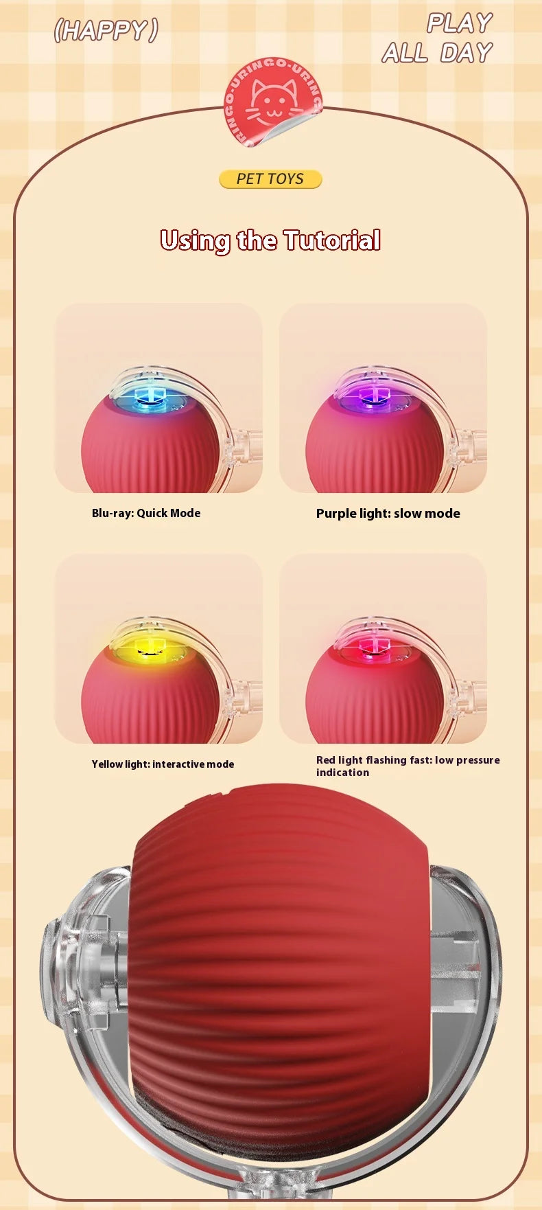 Cat Interactive Ball Toy - Automatic Rolling Ball with Faux Tail, Rechargeable Smart Pet Electric Toy for Dog & Cat Training, Imitates Mouse Movement