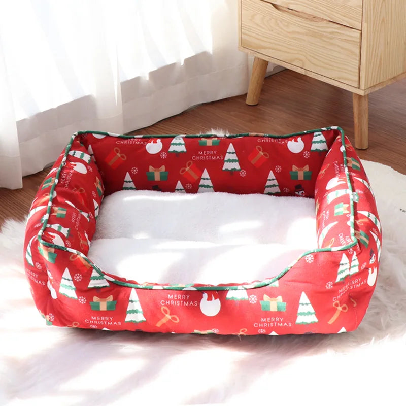 Christmas Cat and Small Dog Bed with Raised Bolster Sides and Soft Sleeping Cushion, Festive Indoor Pet Nest