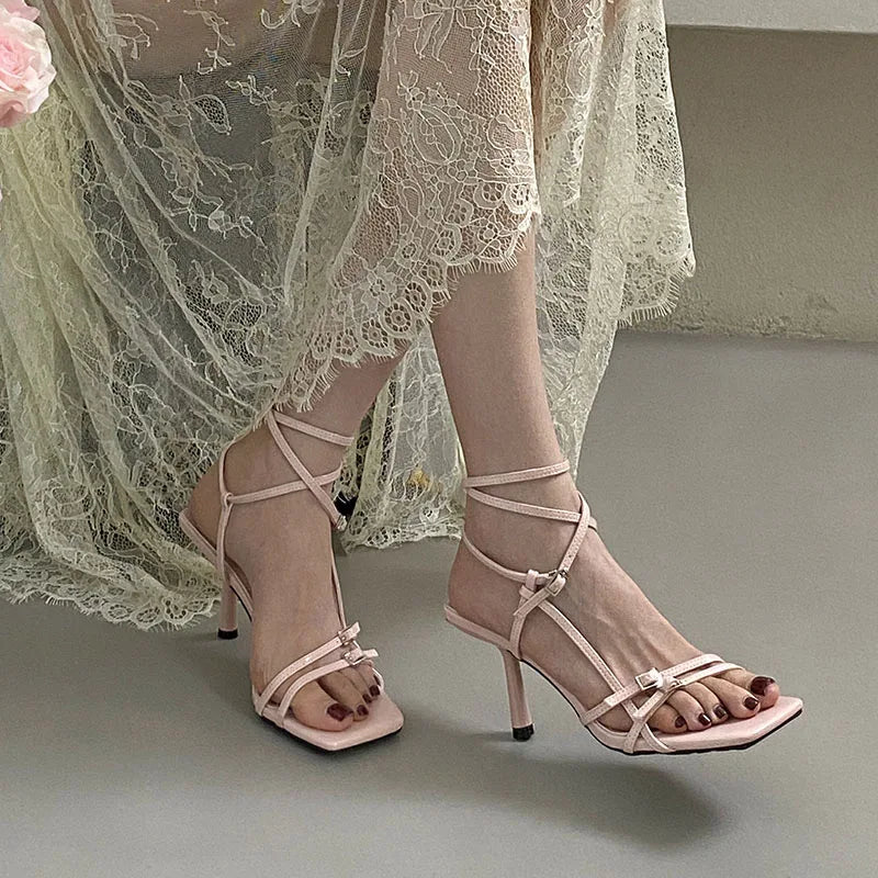 Women's Thin Heel Sandals – Ankle Buckle, Square Toe, Shallow Pumps, Fashion High Heels Footwear