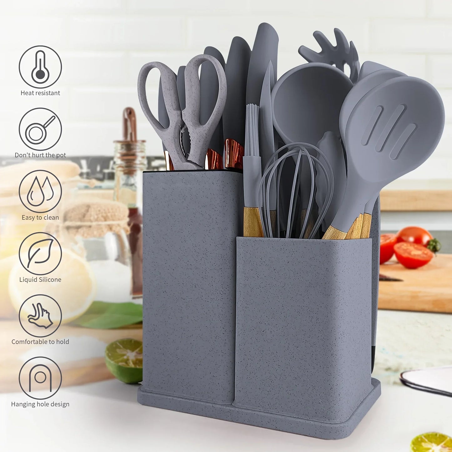 19-Piece Non-Stick Silicone Kitchen Utensil Set with Knives and Bamboo Storage – Heat-Resistant Tools Perfect for Cooking
