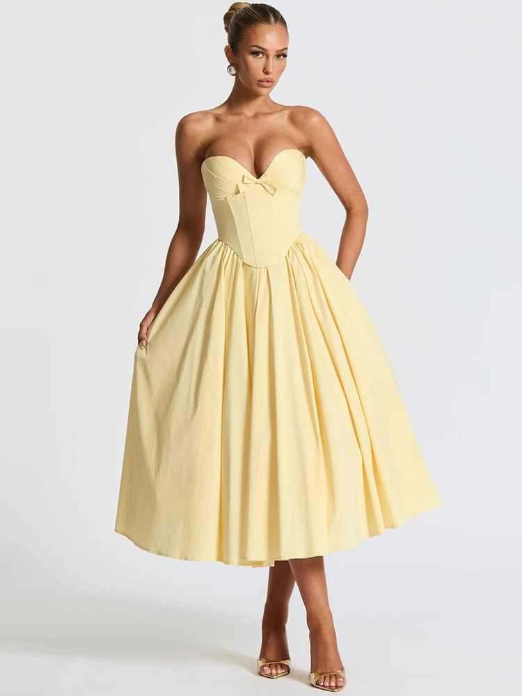 Elegant Off-Shoulder Strapless Midi Dress for Women – Sleeveless, Backless, A-Line Party Dress with Bow Detail