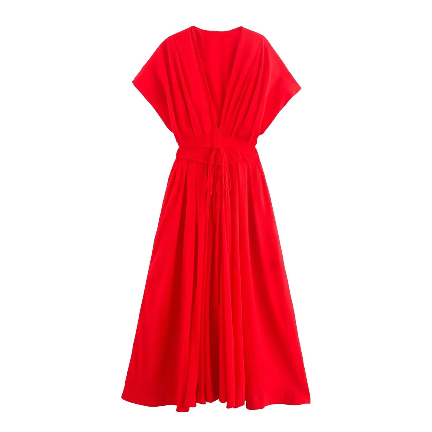 Women's Elegant V-Neck Long Dress – Short Sleeve Lace-Up Bow Waist Casual Dress