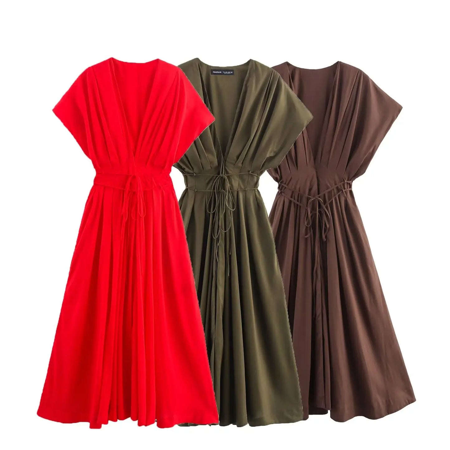 Women's Elegant V-Neck Long Dress – Short Sleeve Lace-Up Bow Waist Casual Dress
