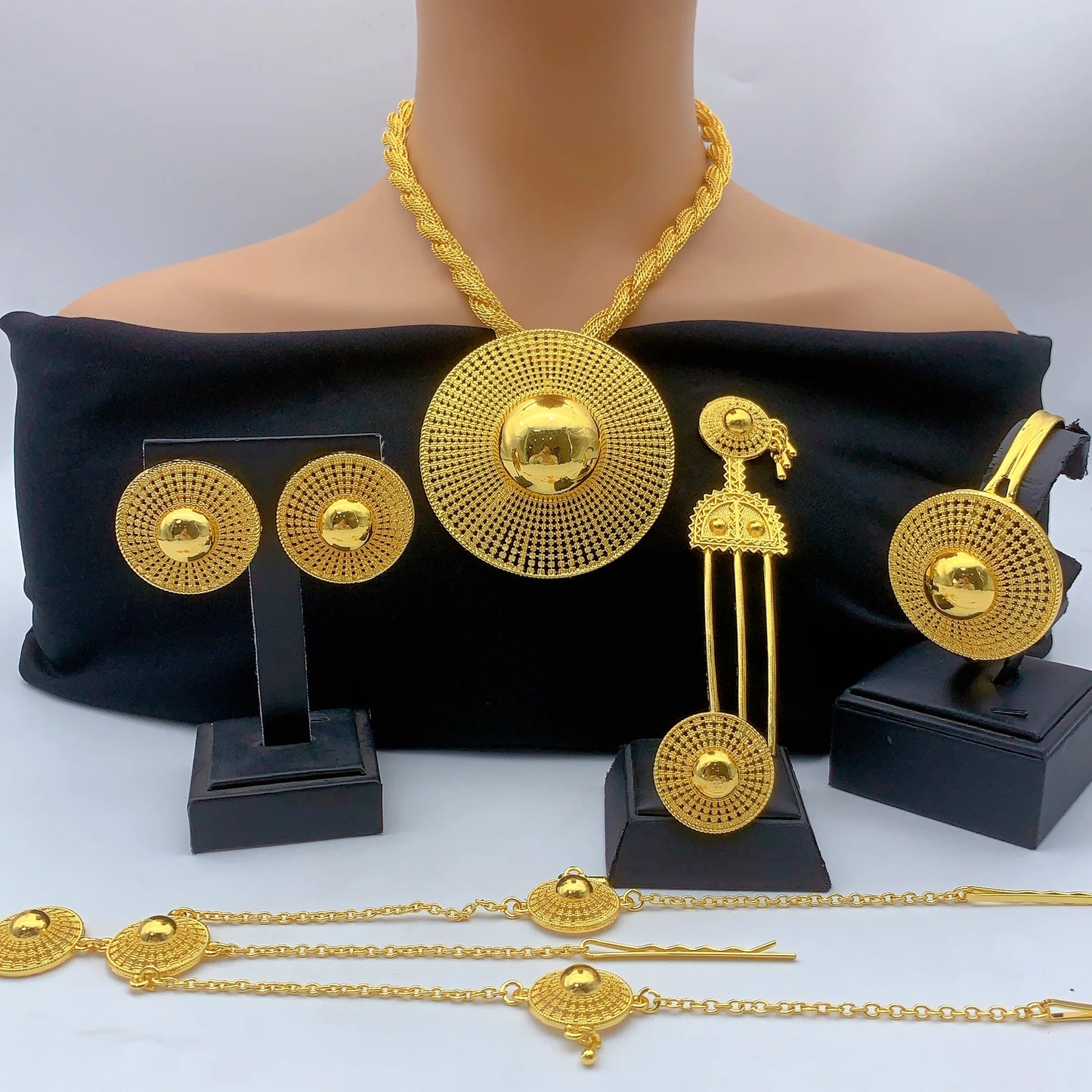 African Ethiopian Eritrean Habesha 24K Gold-Plated Flower Pendant 6-Piece Jewelry Set