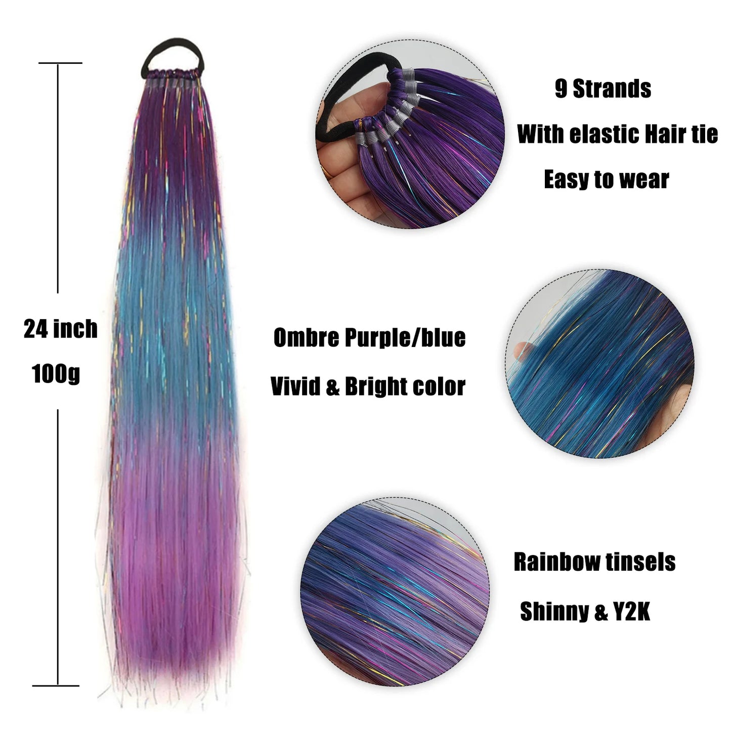 Glitter Tinsel Ponytail Hair Extension with Elastic Tie – Sparkly Braiding Hair Accessory for Kids & Girls