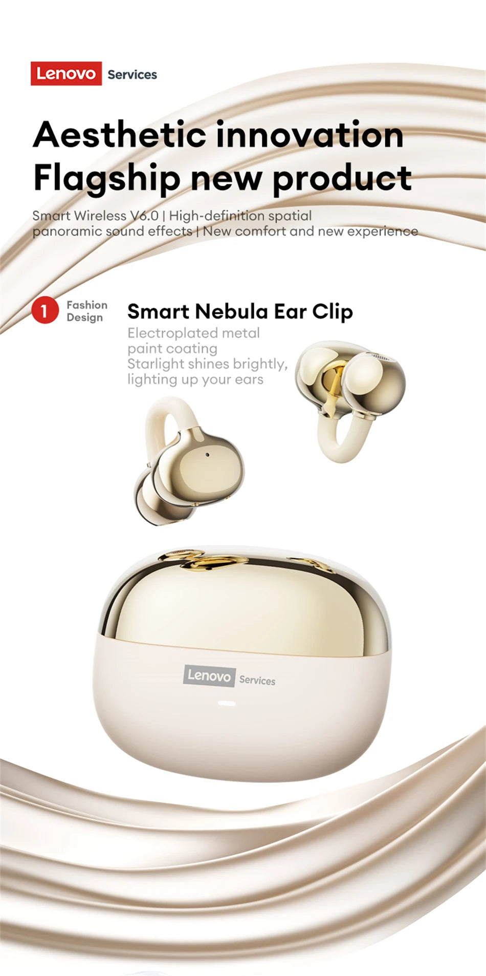 Lenovo LE302 Wireless Bluetooth 6.0 Clip-On Earbuds with HiFi Stereo Sound and Long Battery Life