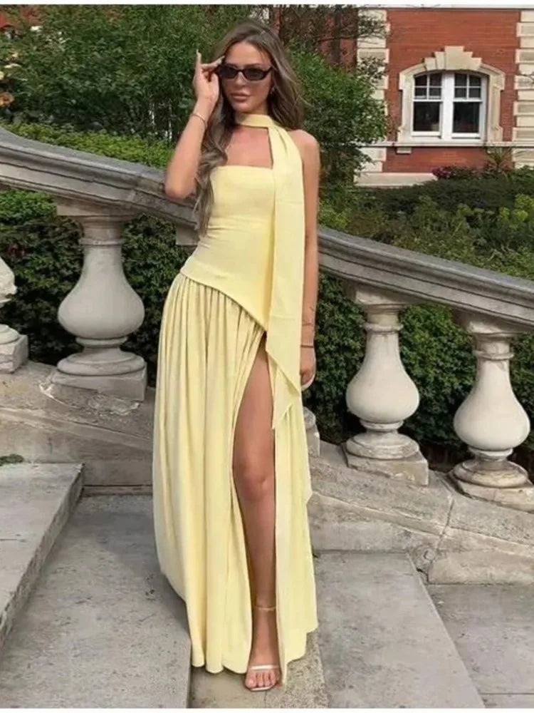 Elegant Pleated Long Dress for Women – Off-Shoulder, Scarf Neck, High Slit | Party & Evening Gown