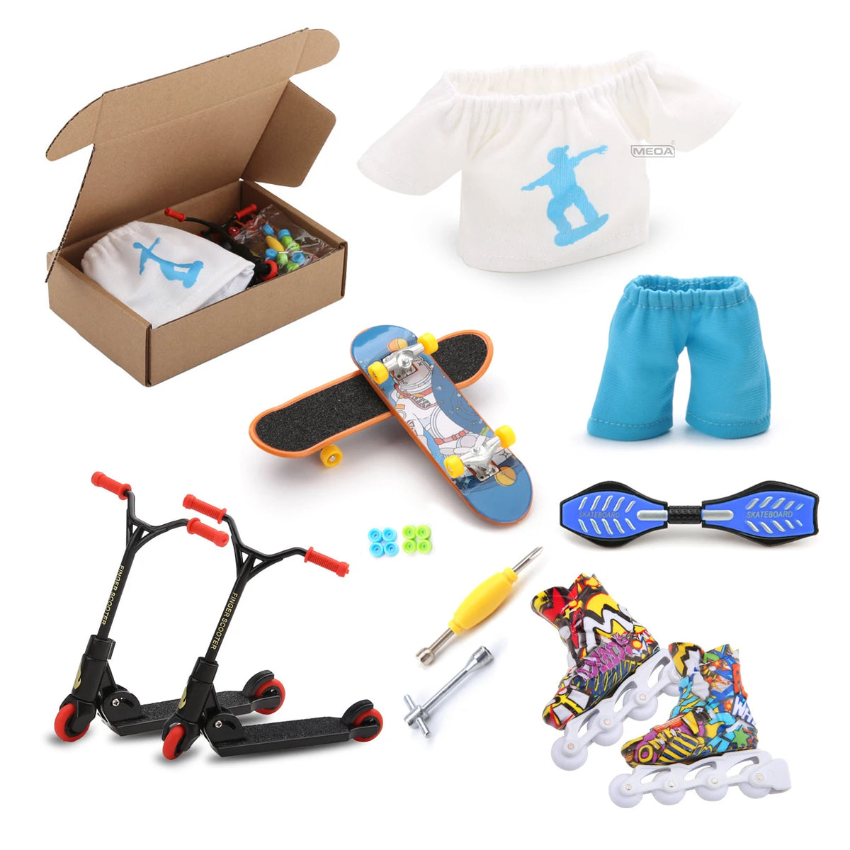 MEOA Mini Finger Skateboard and Scooter Set with Roller Skates, Drift Board, Replacement Wheels, Tools and Finger Clothing