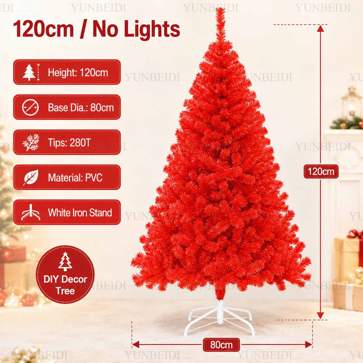 Red Artificial Christmas Tree, 120–240 cm PVC Holiday Tree with Optional Warm White USB LED Lights for Indoor Decorating