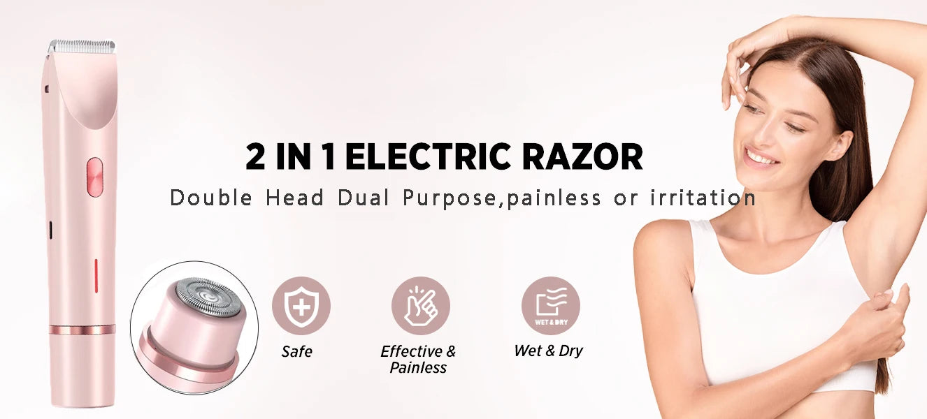 2-in-1 Electric Razor for Women – Waterproof Bikini Trimmer & Body Shaver | Wet & Dry Use | IPX7 Rated for Pubic Hair, Legs, Underarms & More