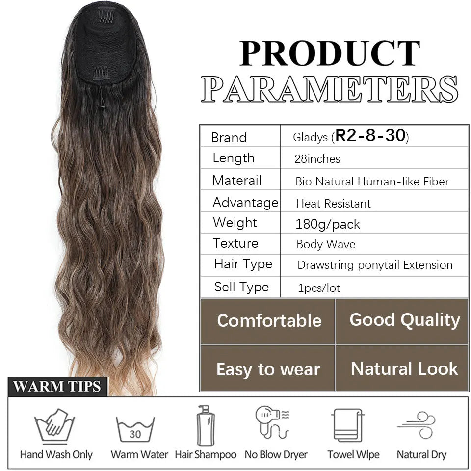 28-Inch Synthetic Drawstring Ponytail – Ombre Brown & Piano Blonde Body Wave, 180g Heat-Resistant Hair Extension