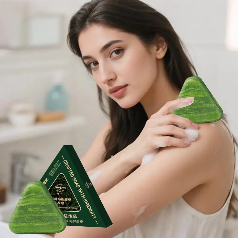 Usman Herbal Grass Shampoo Soap Bar – Cypress Leaf & Polygonatum Extracts, Refreshing Cleanse, Oil Control & Itch Relief, 120g