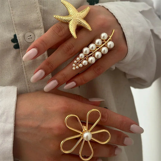 European American Style Exaggerated Metal Ring Women Summer Ocean Style Fake Ring Light Luxury Temperament Party Jewelry Gift