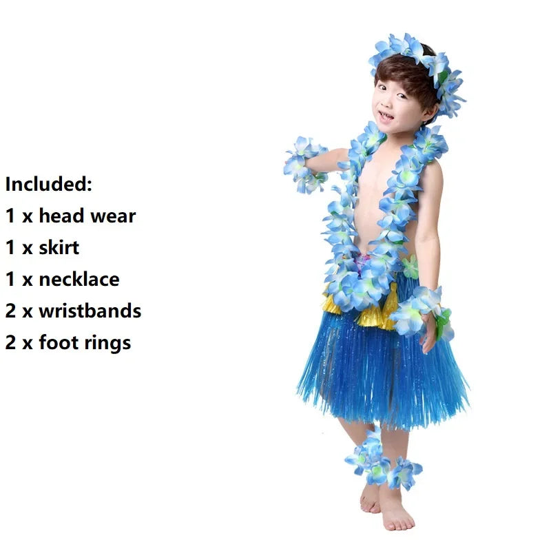 Hawaiian Hula Costume Set for Kids & Teens – Grass Skirt, Top, Flower Lei Necklace, Headband, Anklets & Bracelets (40 cm)