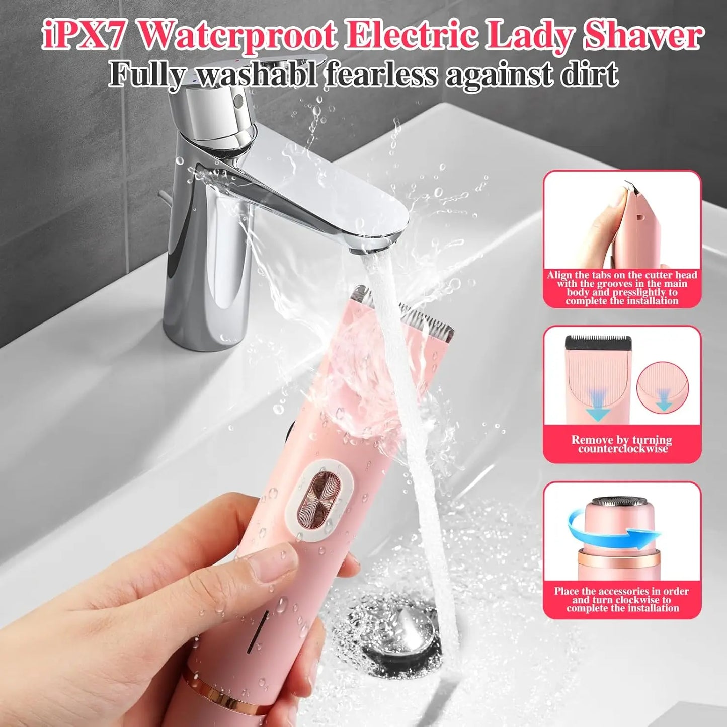 2-in-1 Electric Razor for Women – Waterproof Bikini Trimmer & Body Shaver | Wet & Dry Use | IPX7 Rated for Pubic Hair, Legs, Underarms & More