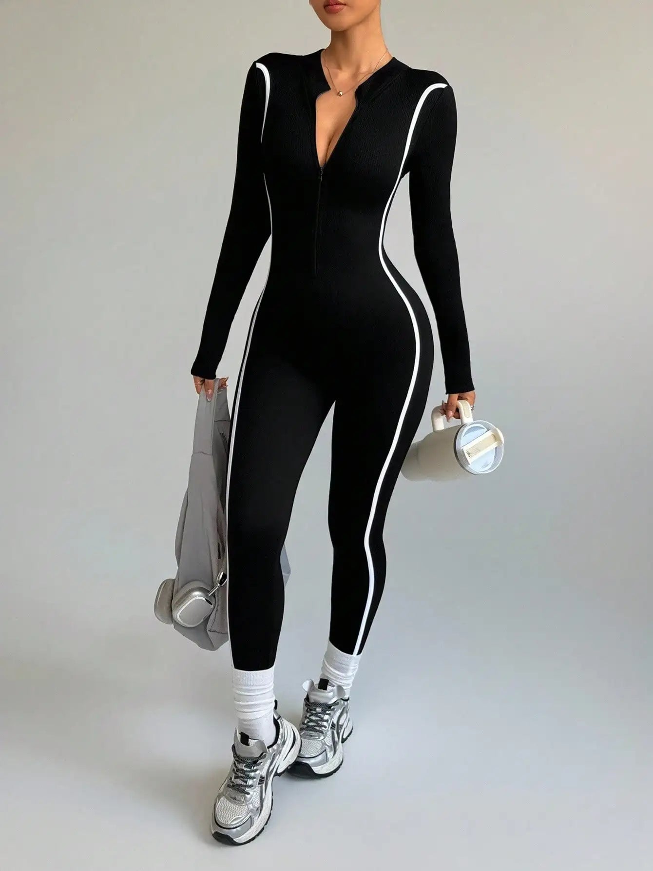 Women’s Color-Block Compression Jumpsuit – One-Piece Quick-Dry Activewear Bodysuit