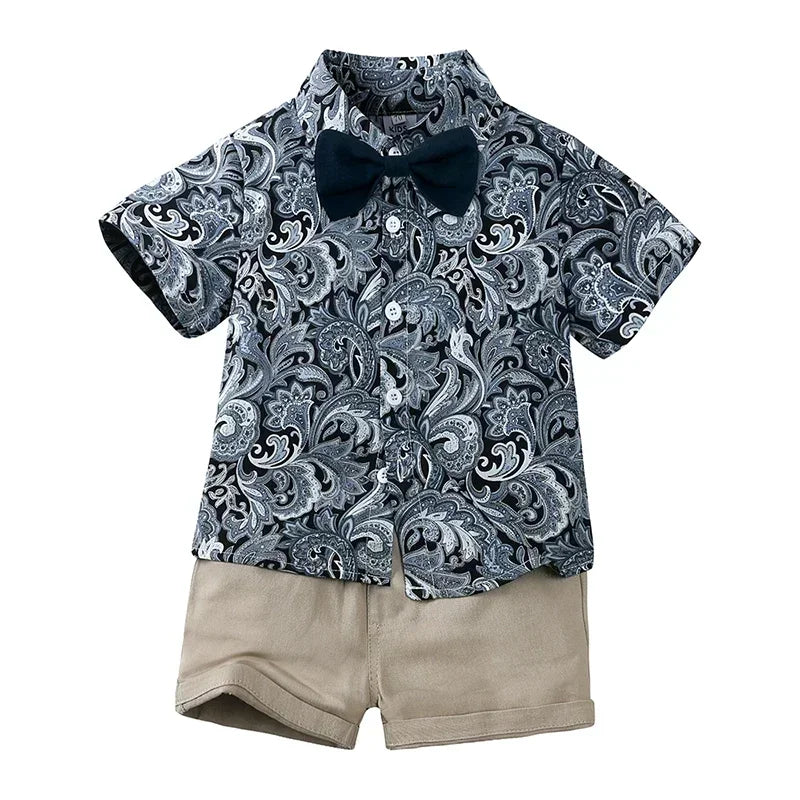 Baby Boys Floral Shirt & Shorts Set with Bowtie, Summer Gentleman Outfit for Infants and Kids