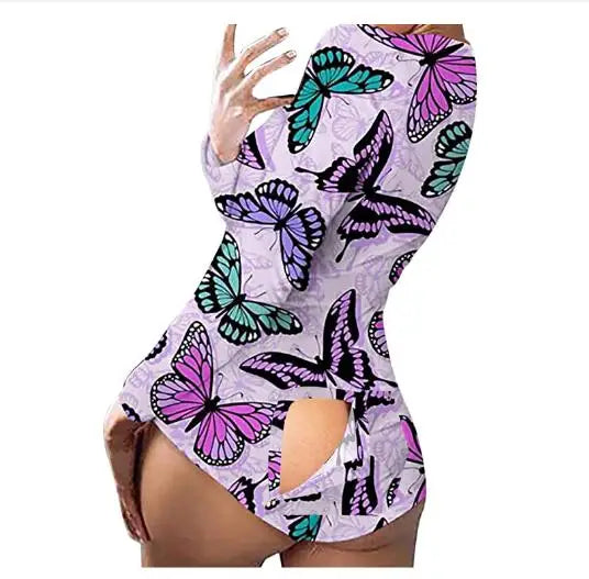 Women’s Christmas Button-Front Pajama Jumpsuit with Back Flap Holiday One-Piece Loungewear