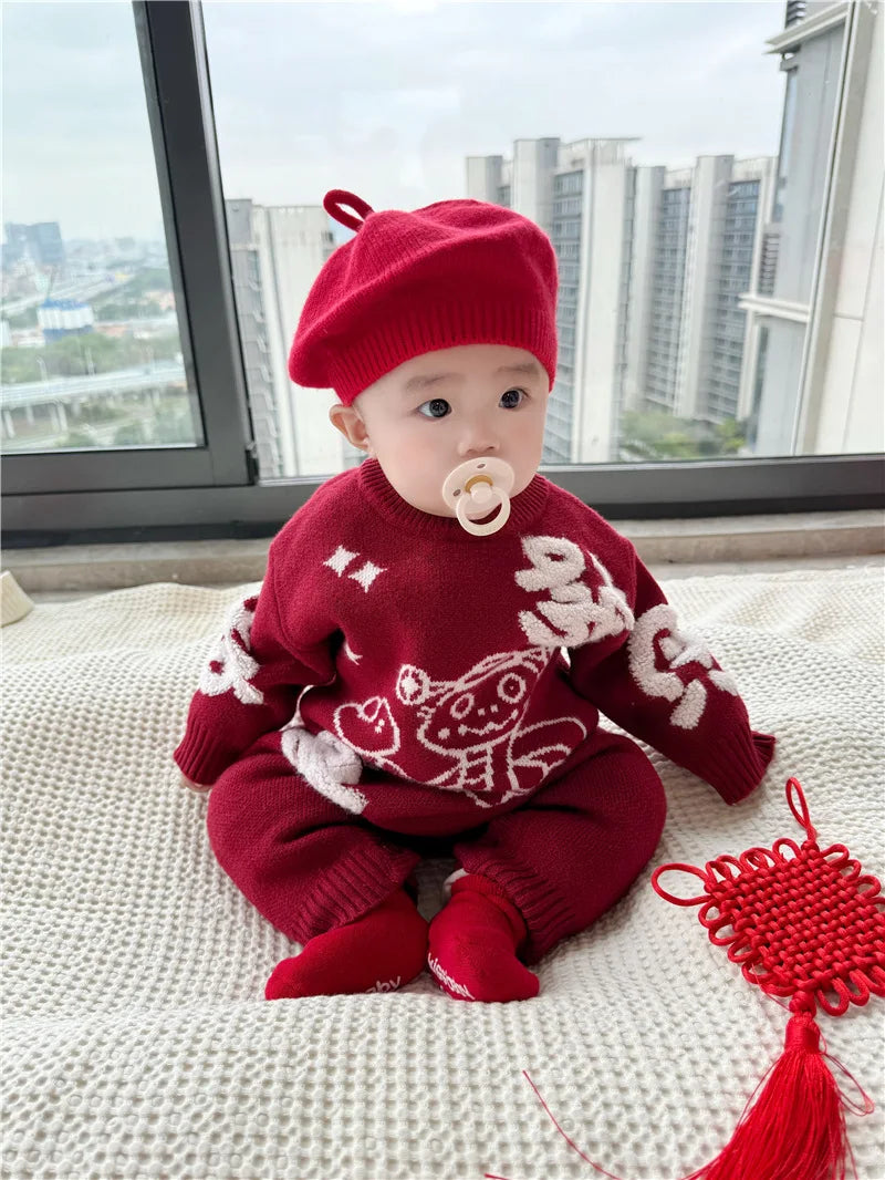 New Year Matching Family Red Chinese Sweater Father Mother and Daughter Son Snake Knit Jumper Infant Baby Knit Romper