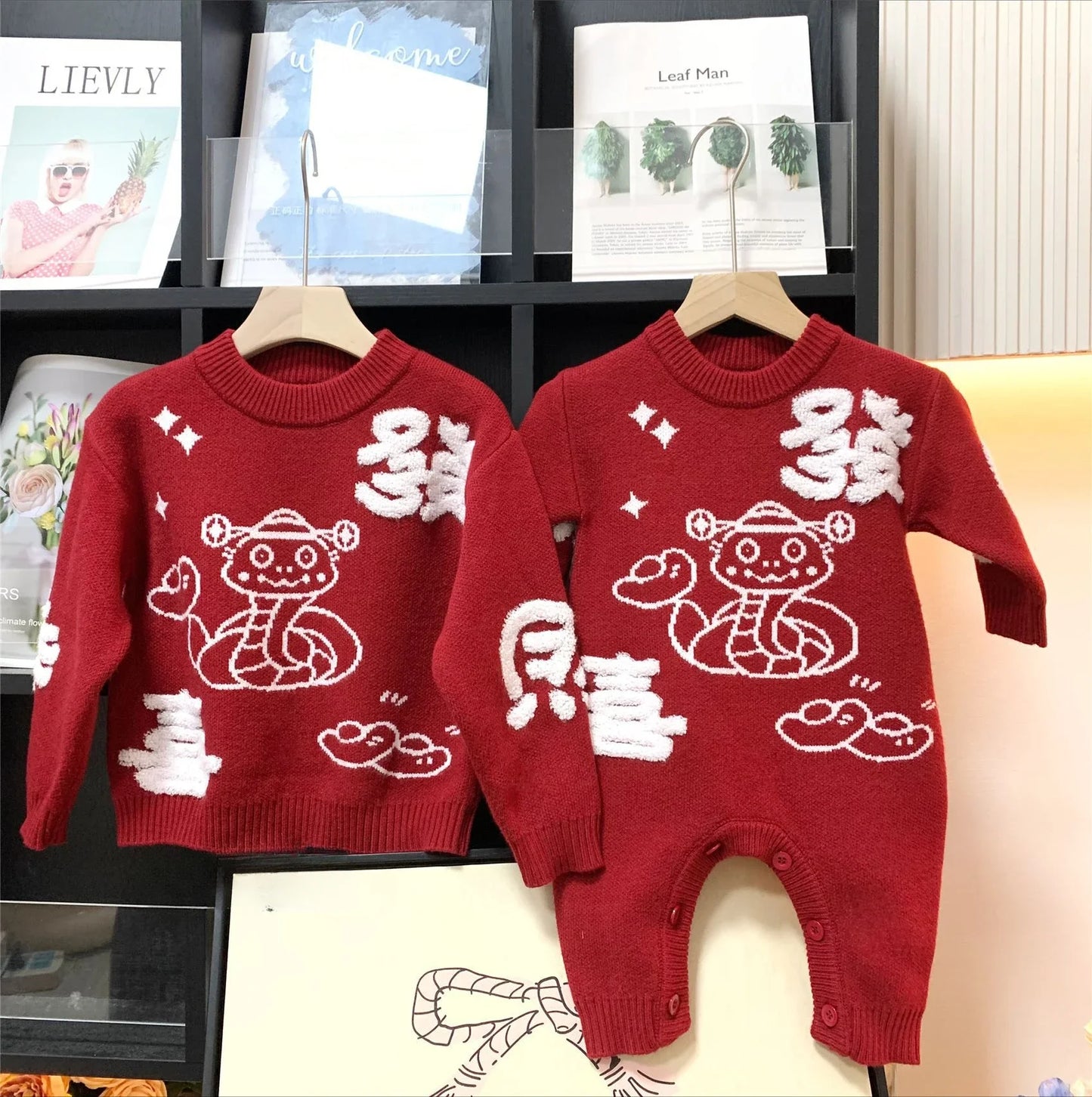 New Year Matching Family Red Chinese Sweater Father Mother and Daughter Son Snake Knit Jumper Infant Baby Knit Romper