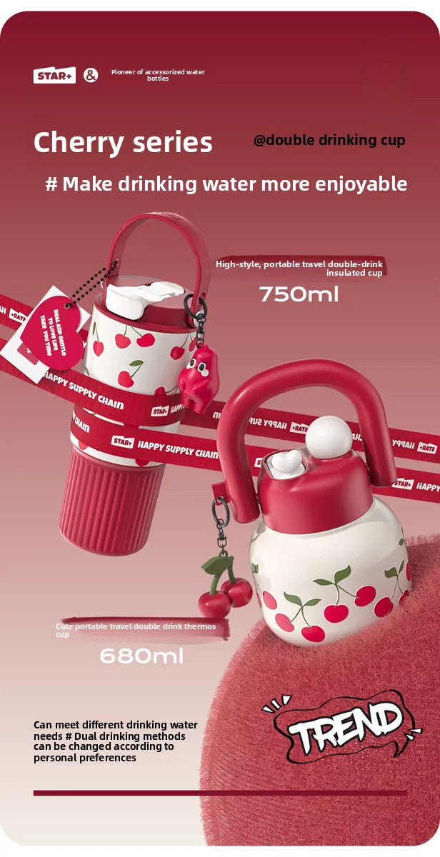 Portable Cherry Series Stainless Steel Insulated Straw Tumbler – Double-Wall Vacuum Travel Water Bottle for Hot & Cold Drinks
