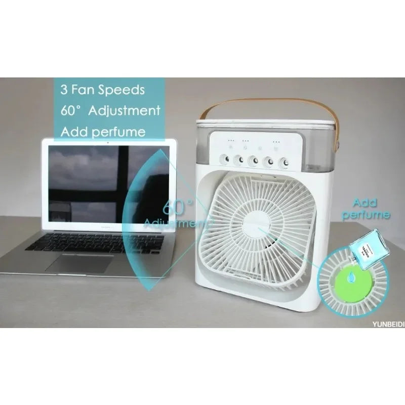 3-in-1 Desktop Air Cooler Fan with Humidifier, LED Light & Timer – Portable USB Spray Fan for Home & Office