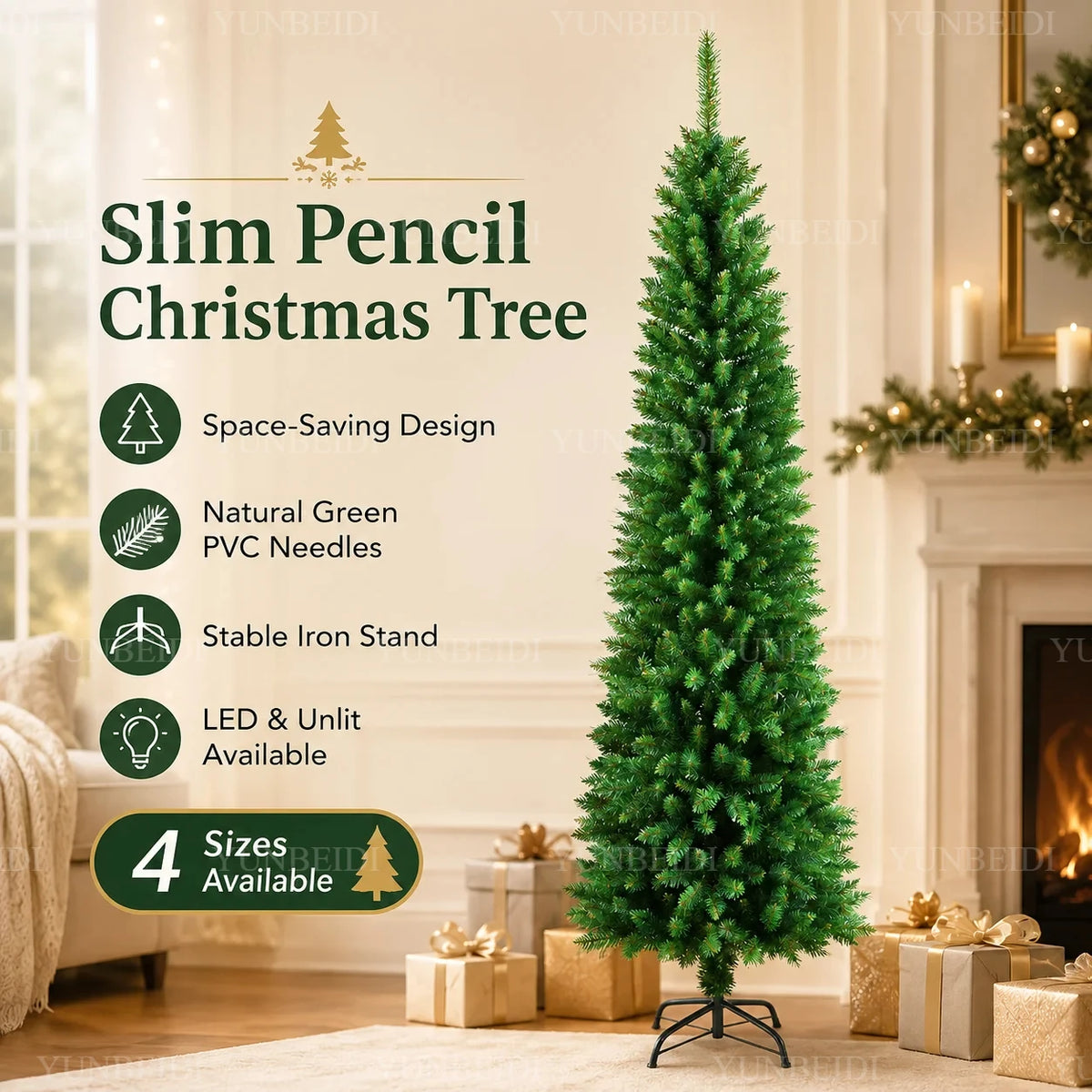 Slim Pencil Artificial Christmas Tree with Metal Stand, 120–210 cm Green PVC Tree with Optional Warm White USB Lights