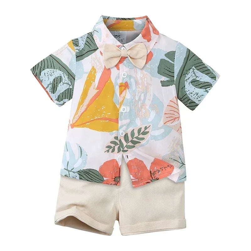 Baby Boys Floral Shirt & Shorts Set with Bowtie, Summer Gentleman Outfit for Infants and Kids