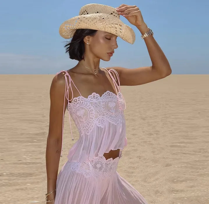 Women's Lace Double Strap Crop Top Two-Piece Set, Boho Sleeveless Flowy